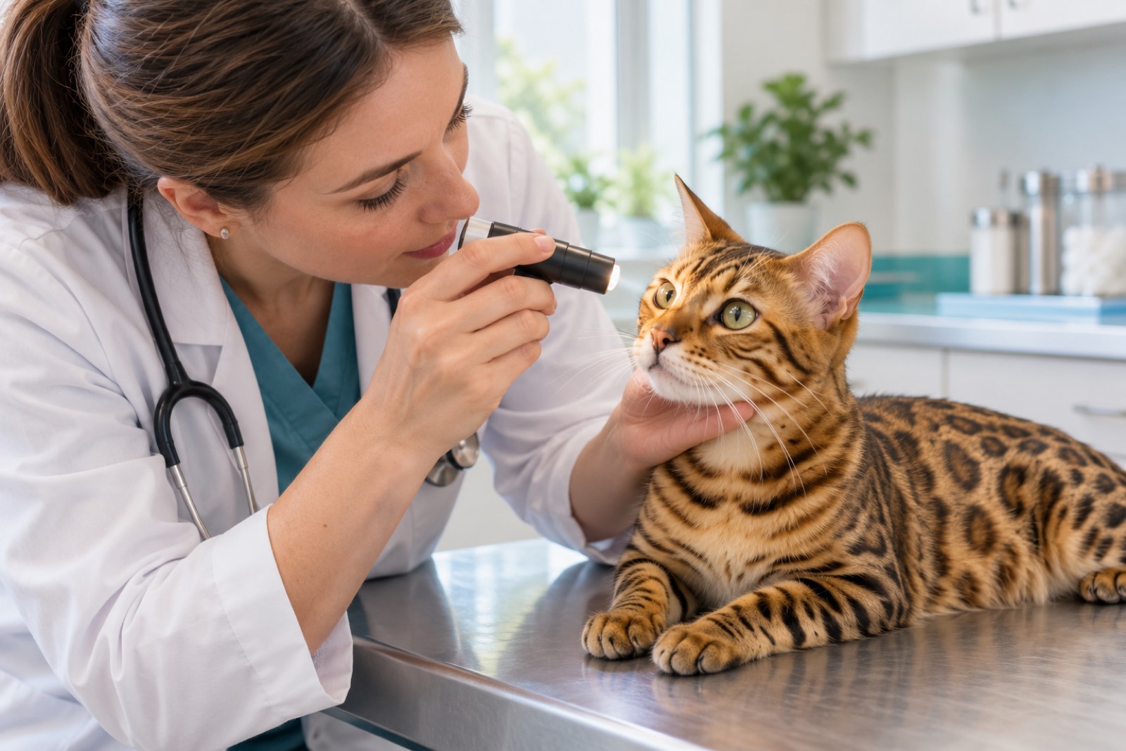Tierärztin untersucht in einem hellen Behandlungsraum mit einer Lampe die Augen einer ruhig gehaltenen Bengalkatze