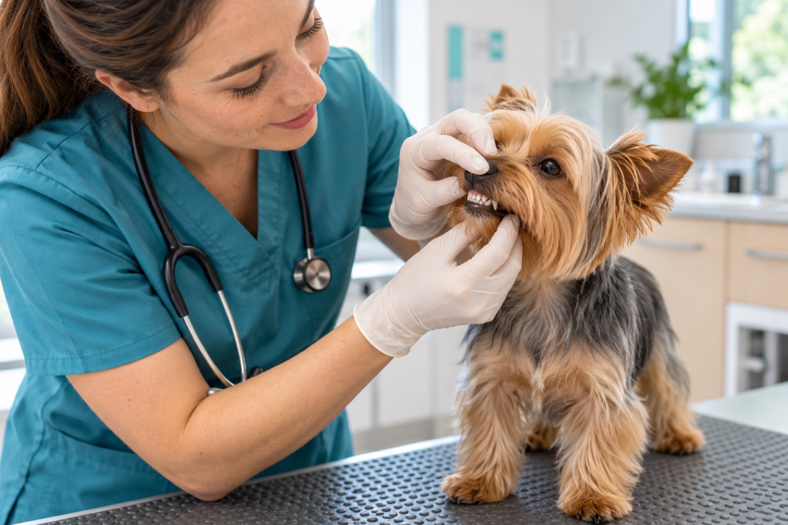 Tierärztin kontrolliert in einem hellen Behandlungsraum die Zähne eines ruhig gehaltenen Yorkshire Terriers