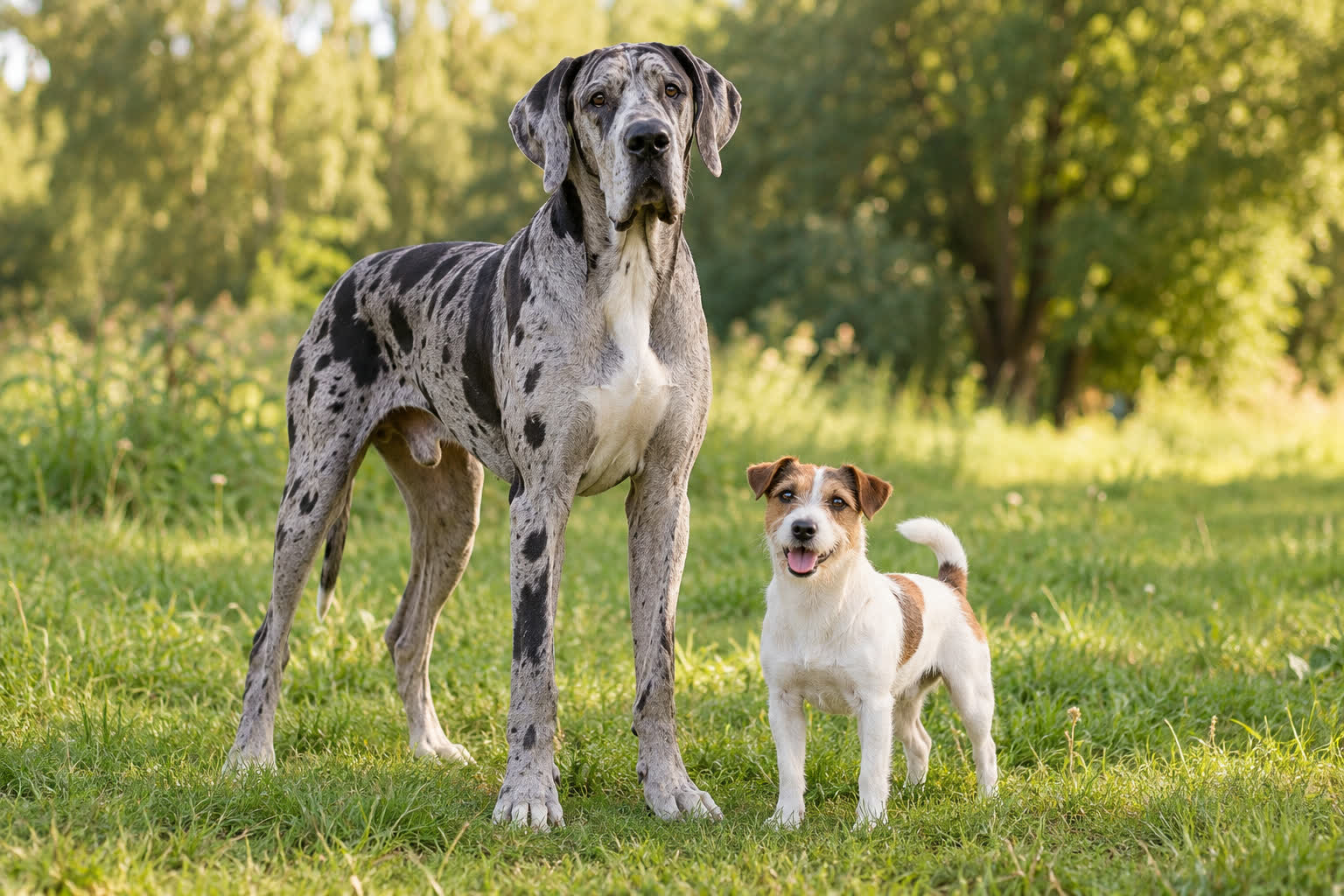 Eine erwachsene Deutsche Dogge und ein erwachsener Jack Russell Terrier stehen wach und gesund nebeneinander auf einer Wiese.