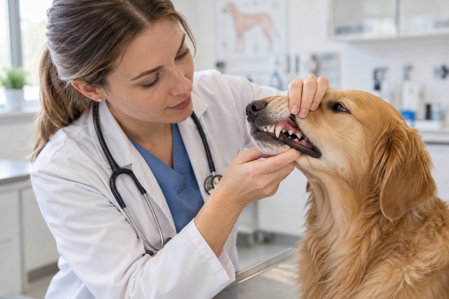 Eine Tierärztin schaut einem ruhigen Hund im Behandlungsraum vorsichtig ins Maul.