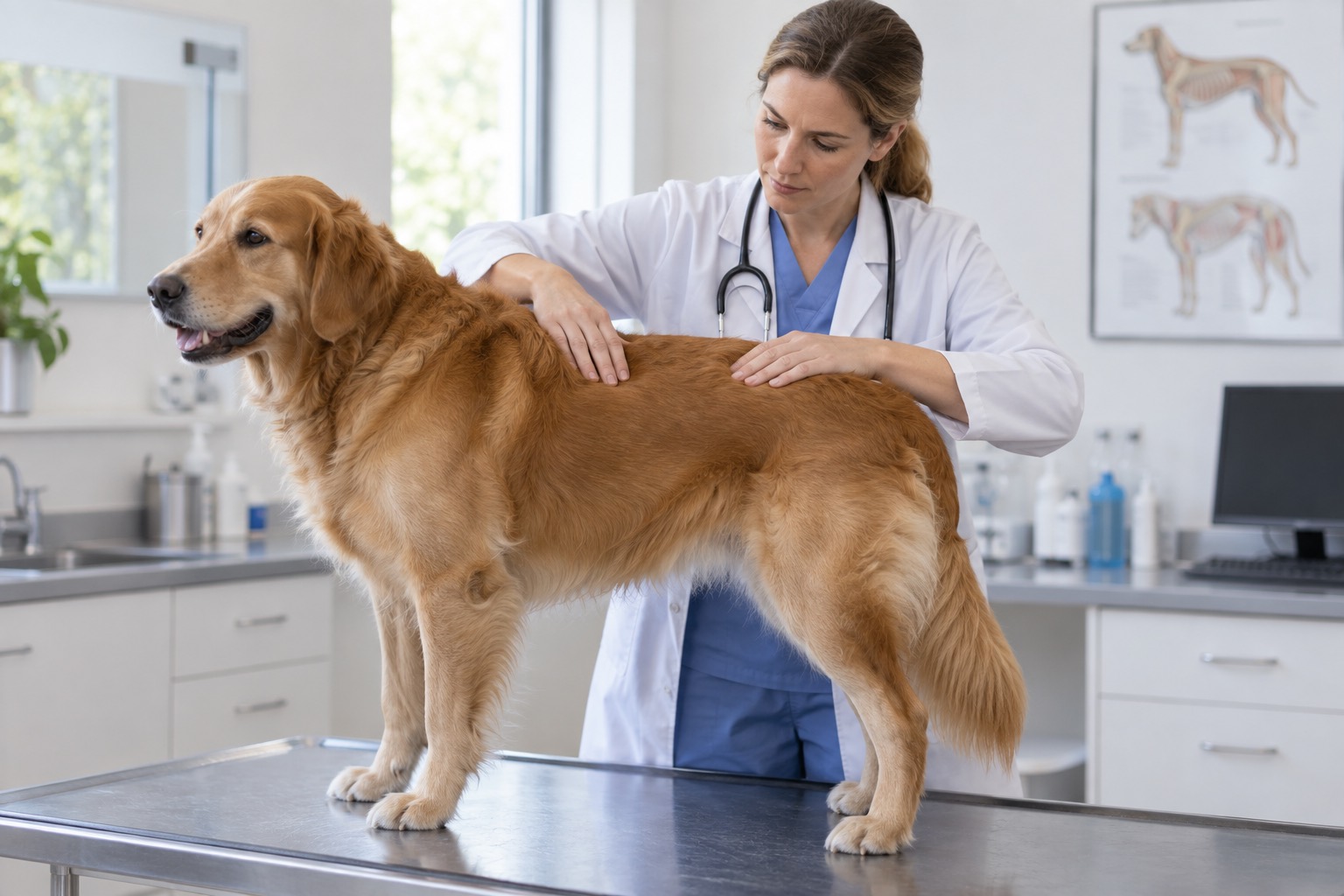 Eine Tierärztin tastet in einem hellen Behandlungsraum ruhig den Rücken eines wachen Hundes ab.