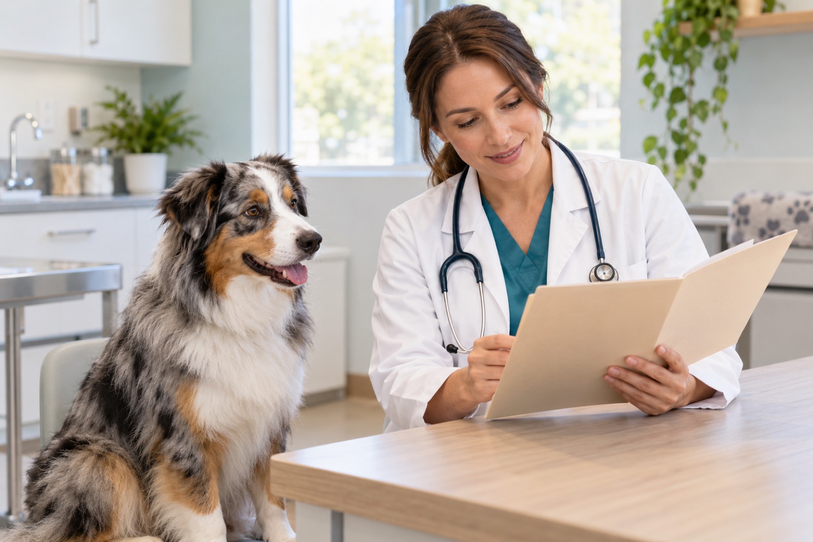 Tierärztin bespricht in einem hellen Behandlungsraum Unterlagen, daneben sitzt ruhig ein Australian Shepherd