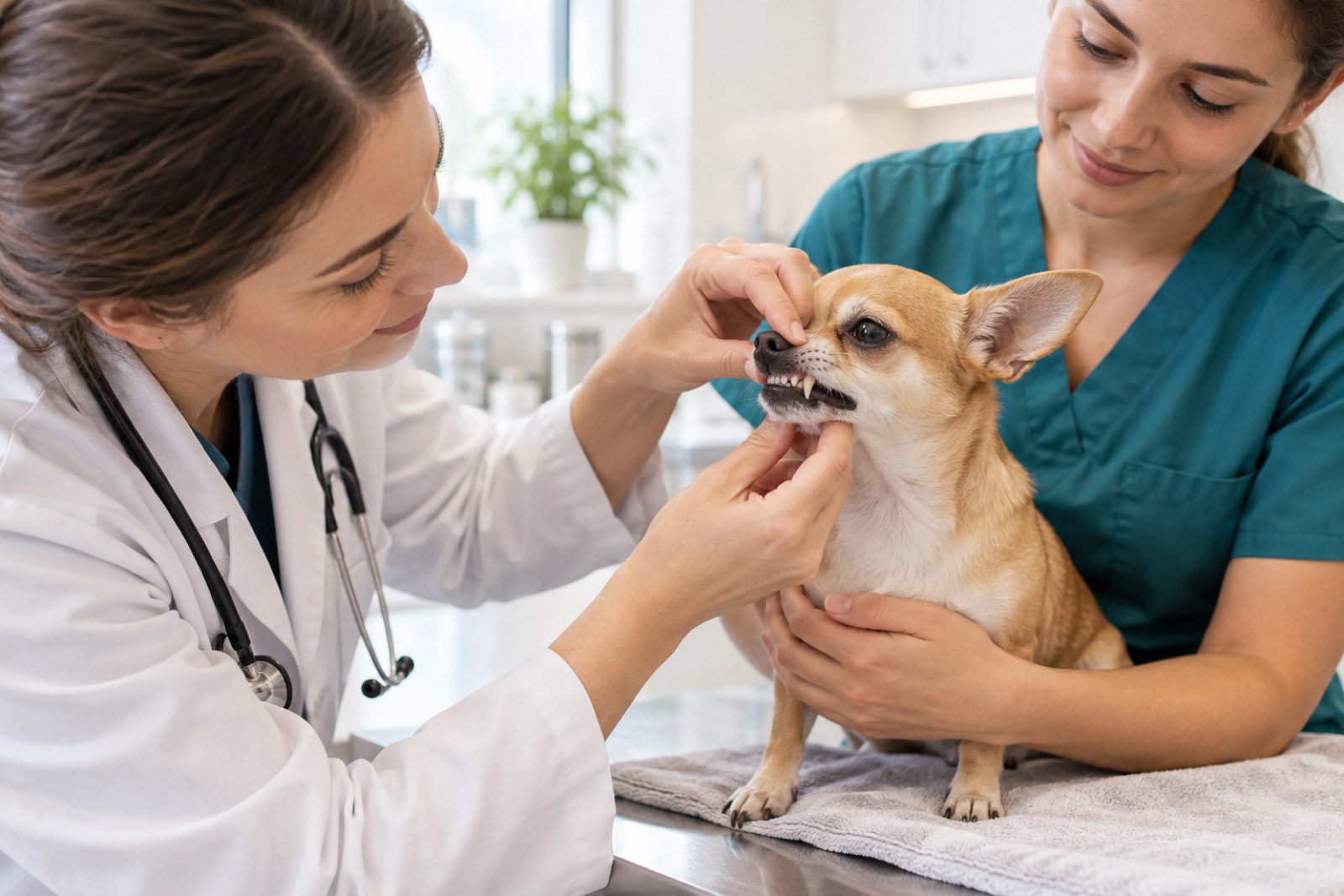 Tierärztin sieht einem ruhig gehaltenen Chihuahua in einem hellen Behandlungsraum ins Maul