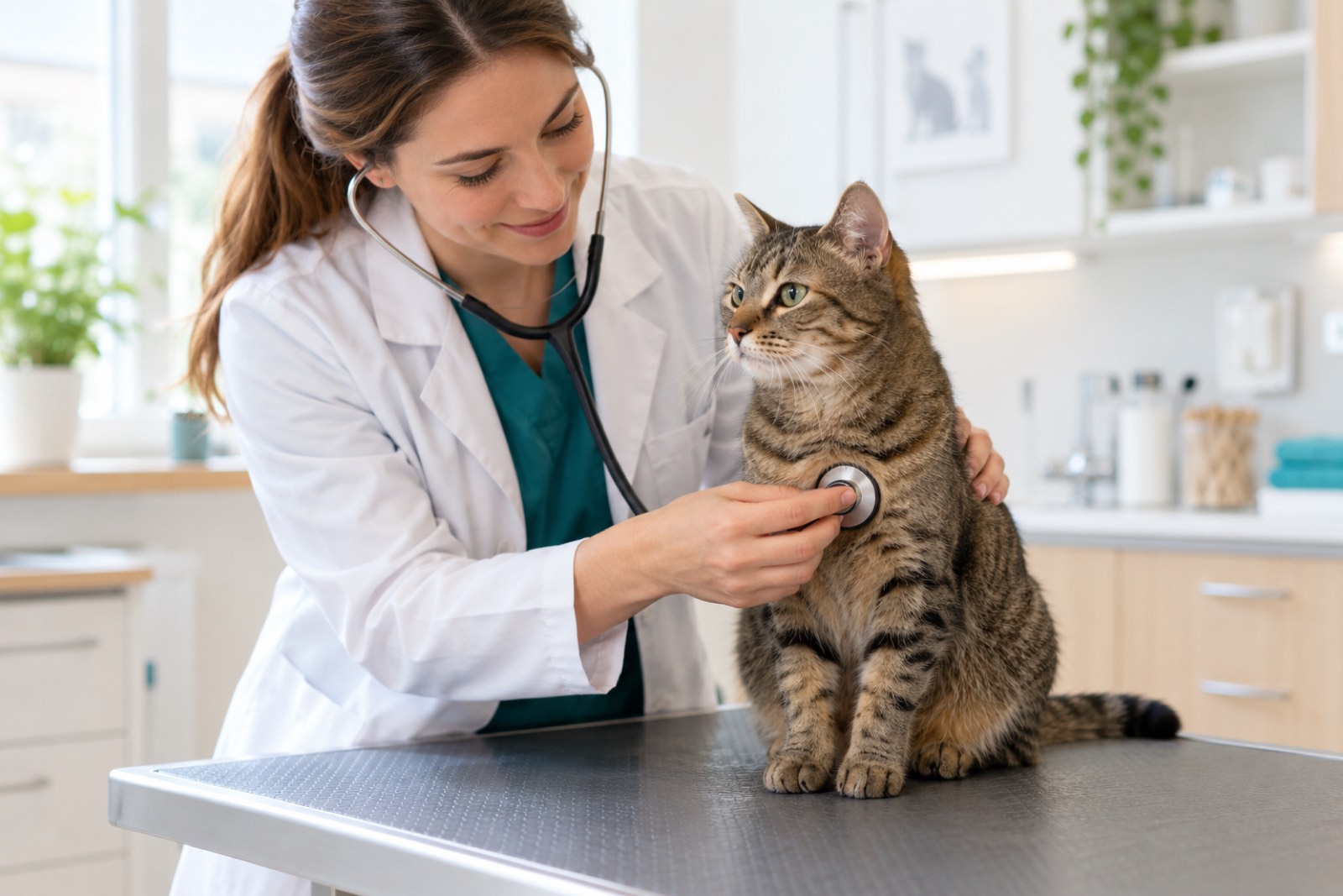 Tierärztin untersucht in einem hellen Behandlungsraum eine ruhig sitzende getigerte Hauskatze mit dem Stethoskop