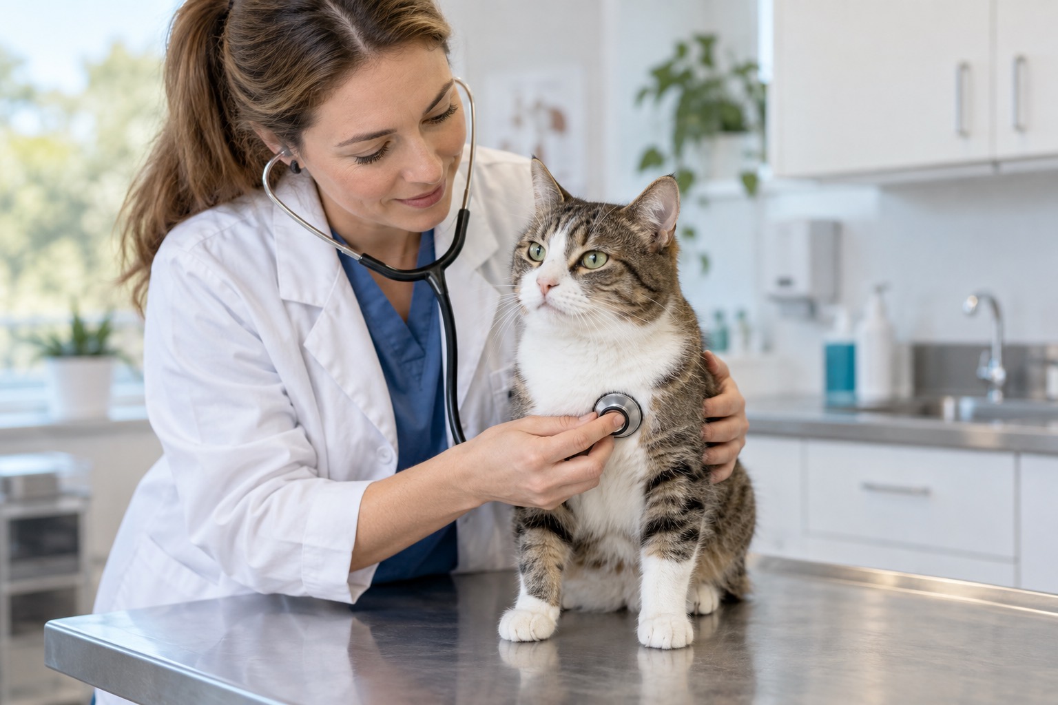Eine Tierärztin untersucht eine ruhige Katze auf dem Behandlungstisch und hört sie mit einem Stethoskop ab.