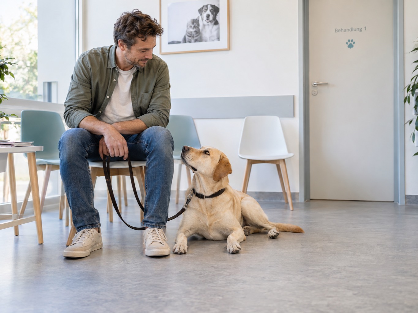 Hundehalter wartet ruhig mit seinem entspannten Hund im Wartebereich einer Tierarztpraxis