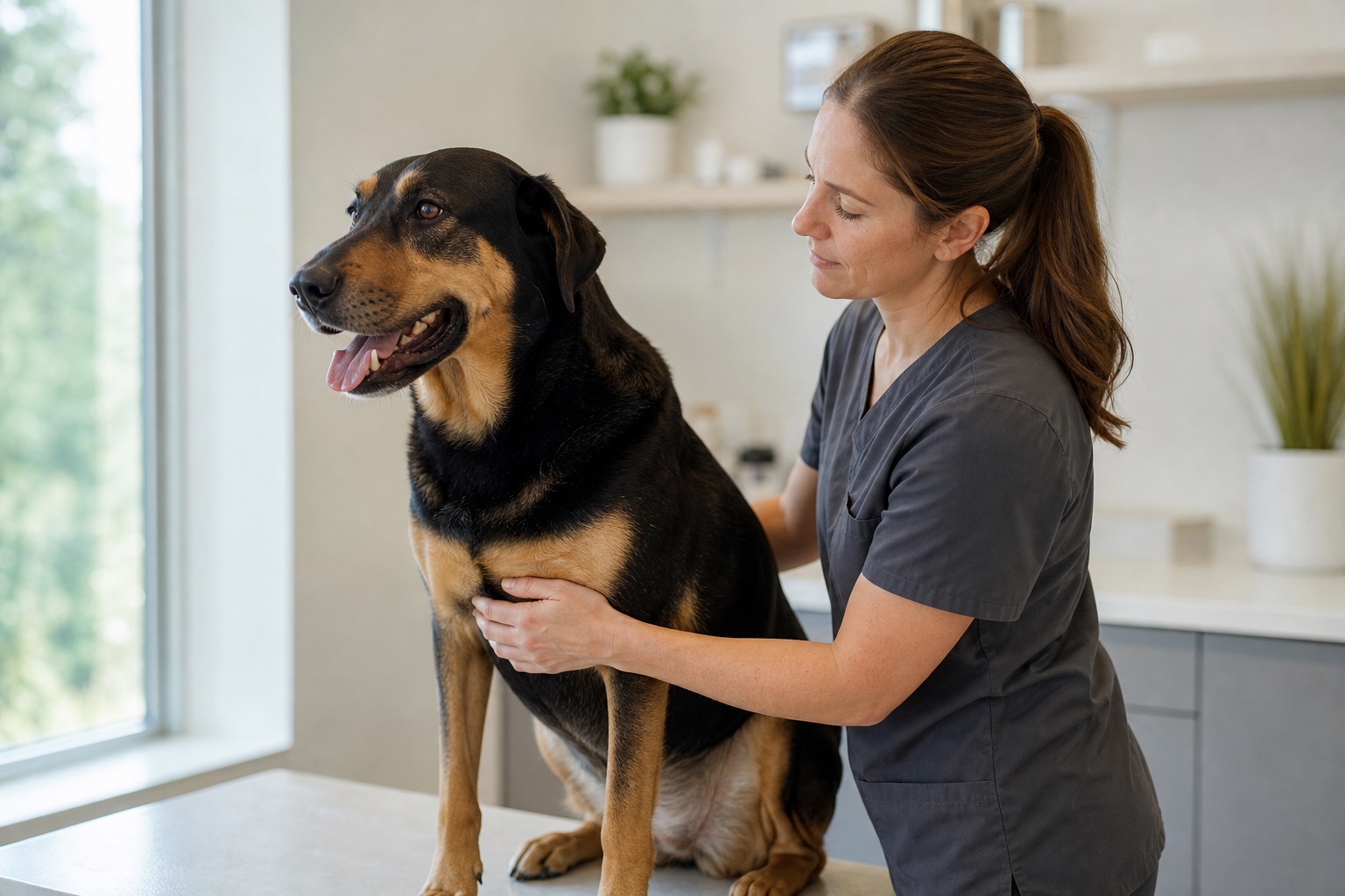 Tierärztin untersucht ruhig einen großen Hund auf dem Behandlungstisch