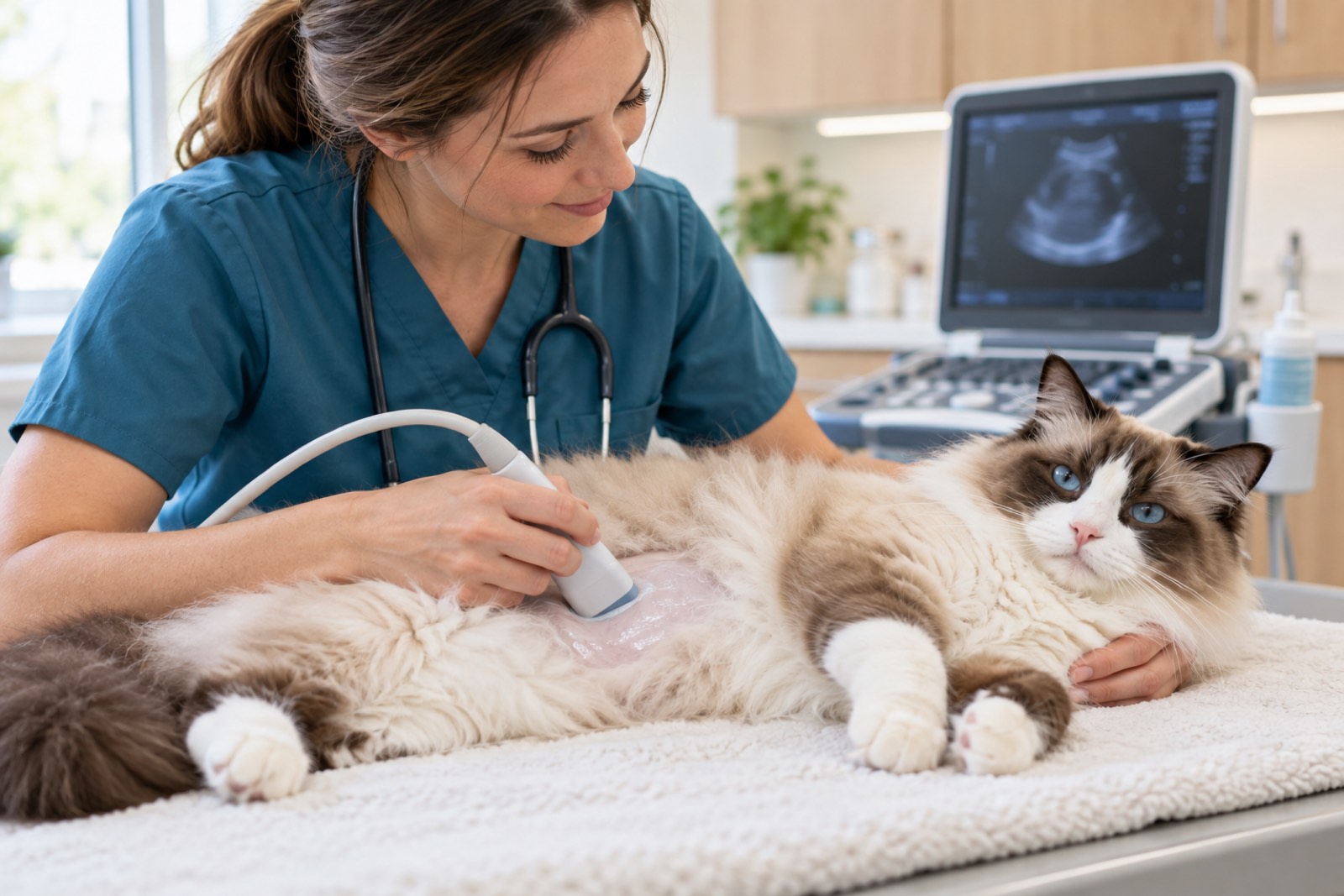 Tierärztin führt in einem hellen Behandlungsraum eine Ultraschalluntersuchung an einer ruhig liegenden Ragdoll durch