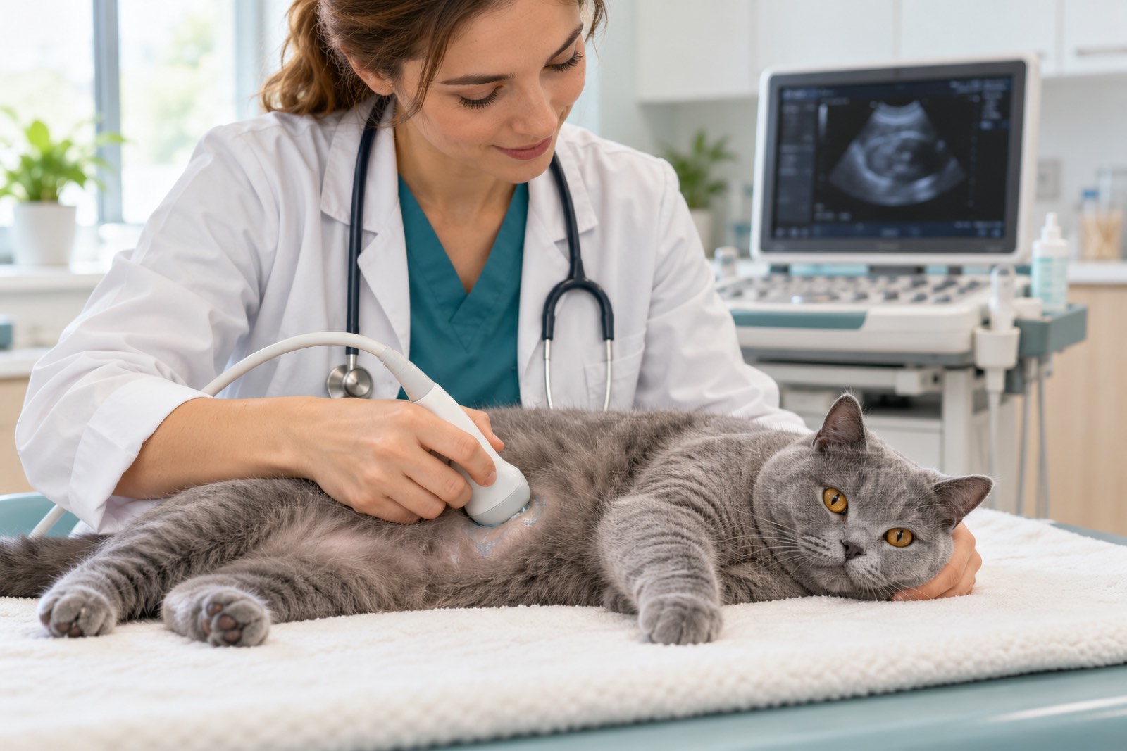 Tierärztin führt in einem hellen Behandlungsraum eine Ultraschalluntersuchung an einer ruhig liegenden Britisch Kurzhaar durch