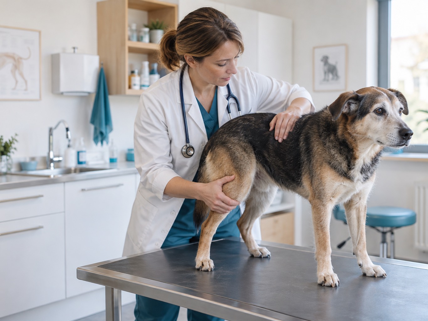 Tierärztin tastet ruhig einen älteren Hund auf dem Behandlungstisch ab