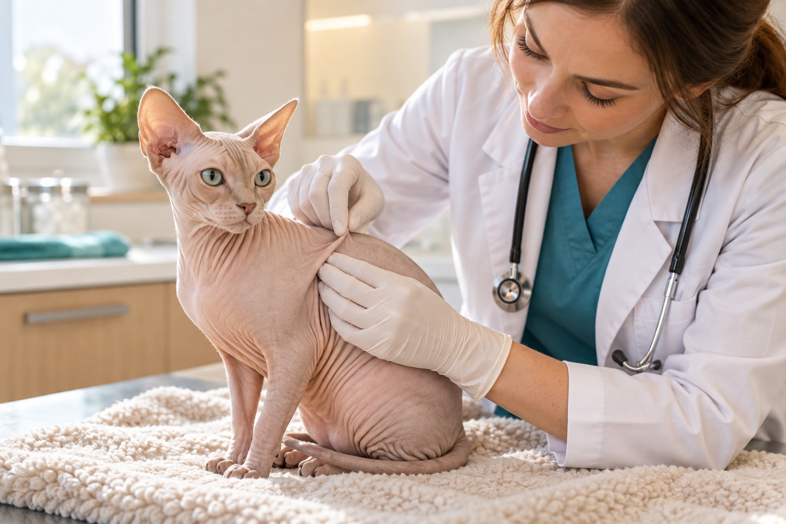 Tierärztin untersucht in einem hellen, warmen Behandlungsraum die Haut einer ruhig auf einer Decke sitzenden Sphynx-Katze