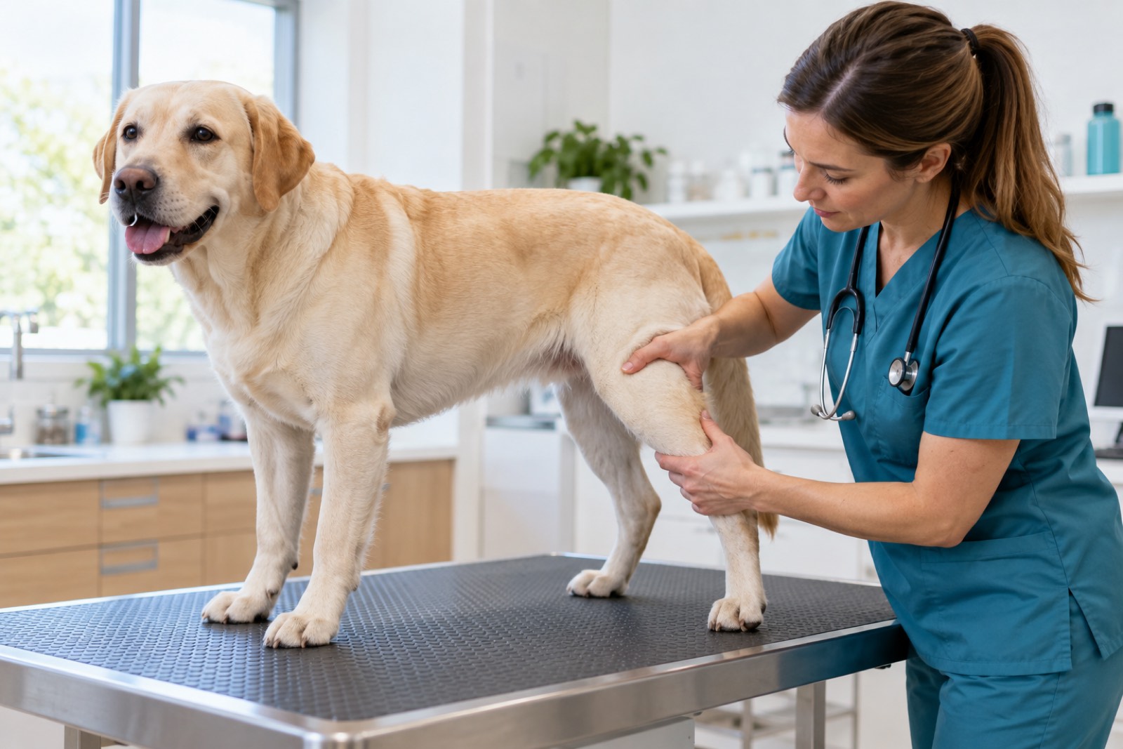 Tierärztin tastet in einem hellen Behandlungsraum das Hinterbein eines ruhig stehenden Labradors ab