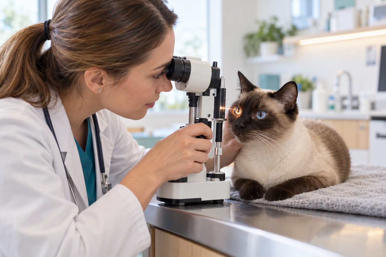Tierärztin untersucht in einem hellen Behandlungsraum mit einer Spaltlampe das Auge einer ruhig gehaltenen Siamkatze
