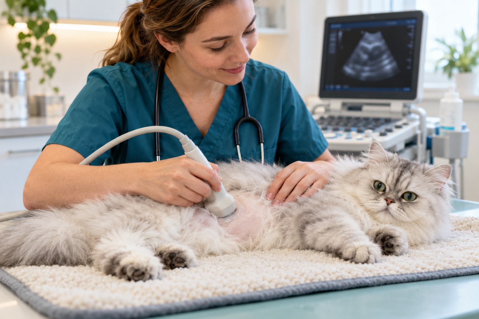Tierärztin führt in einem hellen Behandlungsraum eine Ultraschalluntersuchung an einer ruhig liegenden Perserkatze durch