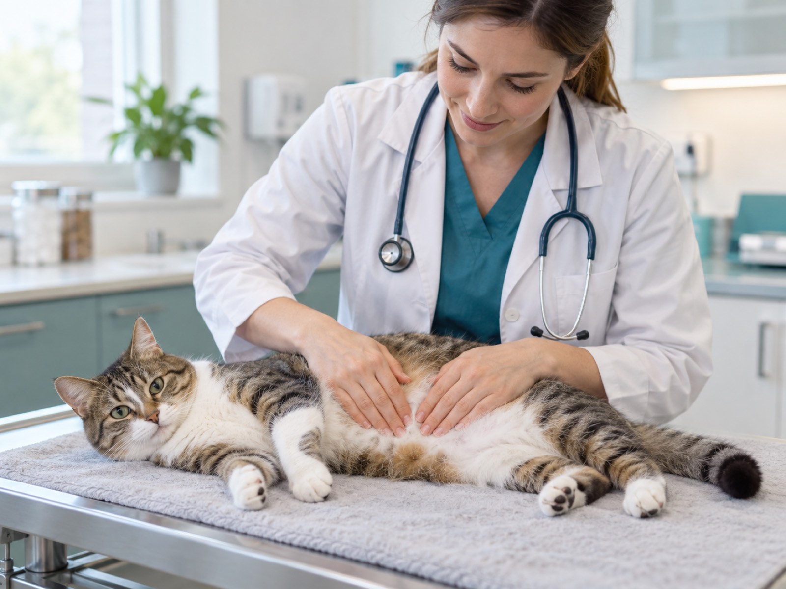 Eine Tierärztin tastet in einer hellen Praxis behutsam den Bauch einer ruhigen Katze ab