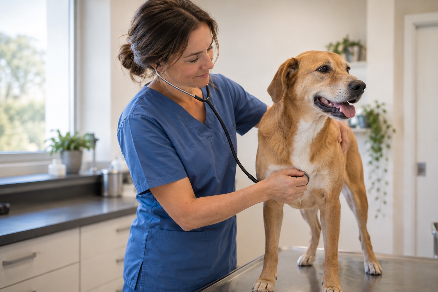 Tierärztin untersucht ruhig einen gesunden Hund auf dem Behandlungstisch