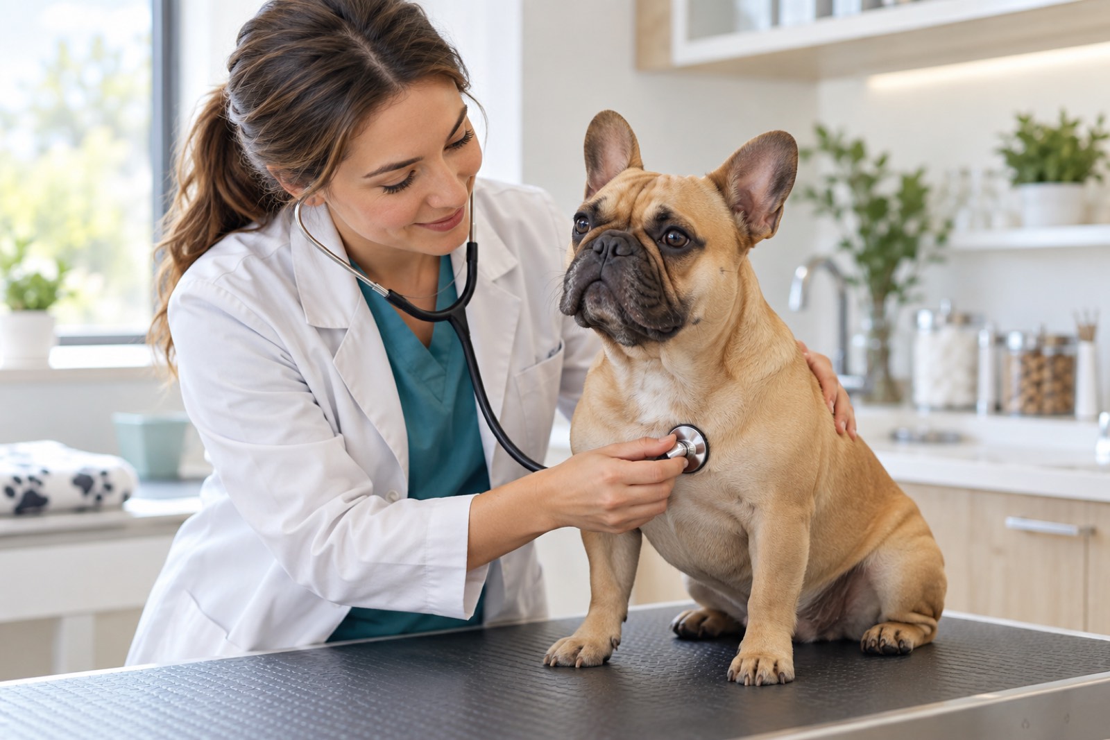 Tierärztin hört in einem hellen Behandlungsraum eine ruhig sitzende Französische Bulldogge ab