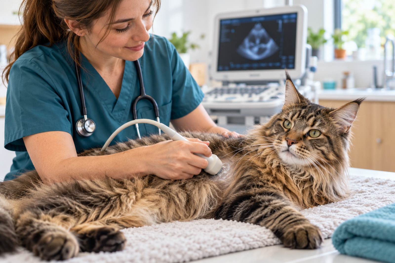 Tierärztin führt in einem hellen Behandlungsraum eine Herzultraschalluntersuchung an einer ruhig liegenden Maine Coon durch