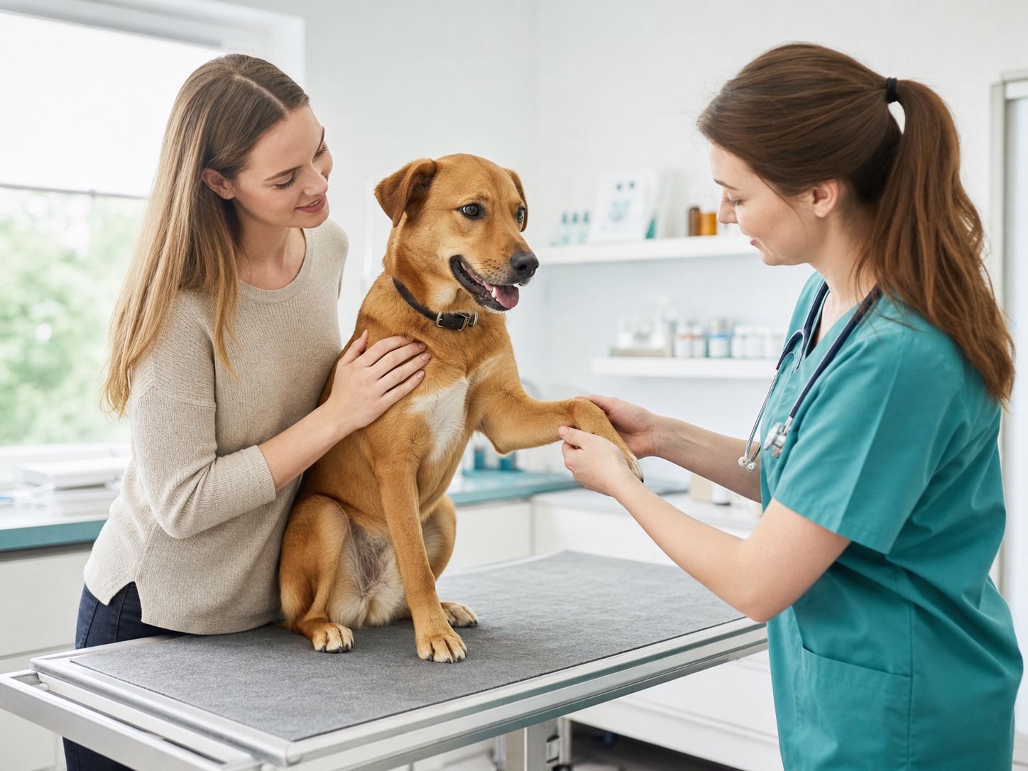 Halterin hält ihren Hund auf dem Behandlungstisch, während die Tierärztin die Vorderpfote abtastet