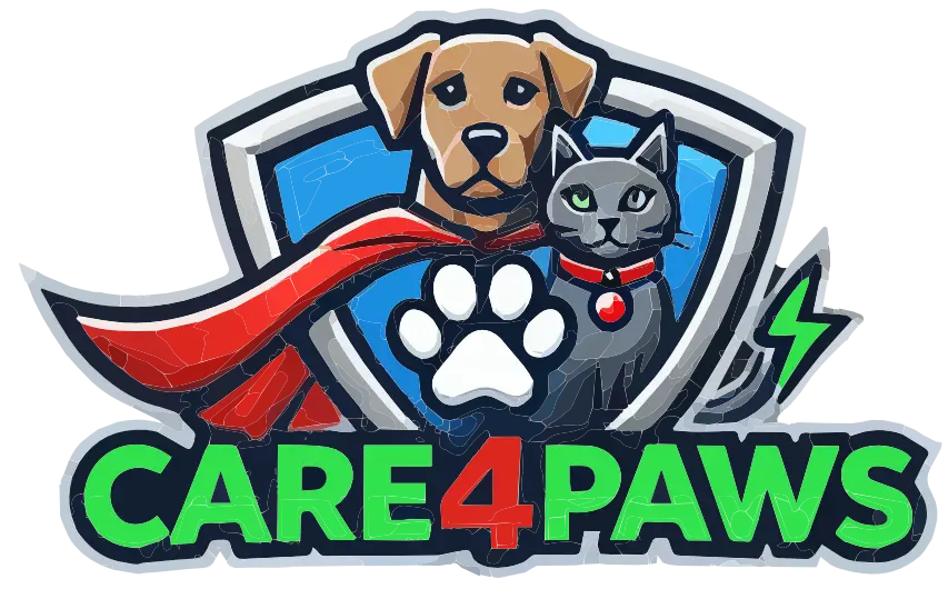 Logo mit Hund, Katze, Pfote und rotem Cape sowie Schriftzug „CARE4PAWS“.